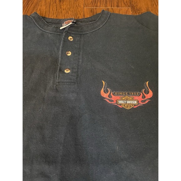 VTG Harley Davidson Shirt Men XL Black Henley Faded Flames Y2K Atlanta Georgia - Picture 2 of 7